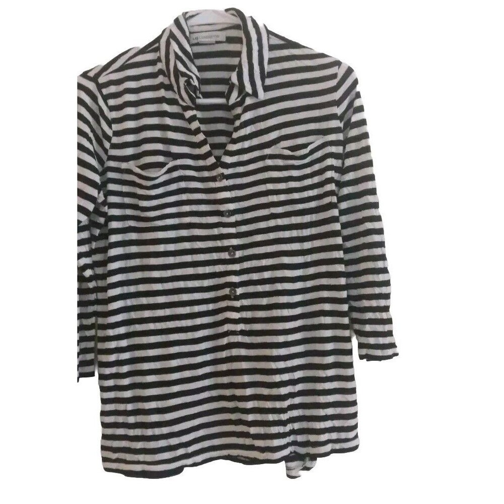 Ladies Liz Claiborne Black/White Striped 3/4 Sleeve Collared Rayon Size Medium